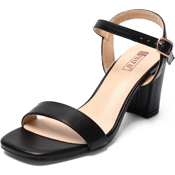 Women's Chunky Heels Square Toe block Sandals Wedding Prom - black pu leather 7 - Picture 6 of 8